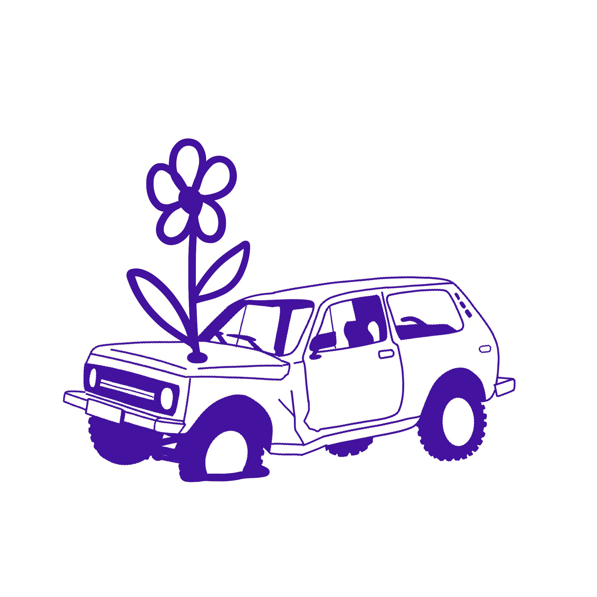 A crashed car with minimalist flowers